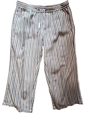Dash Women's Linen Blend Drawstring Cropped Pants Size M Beige Black Stripe